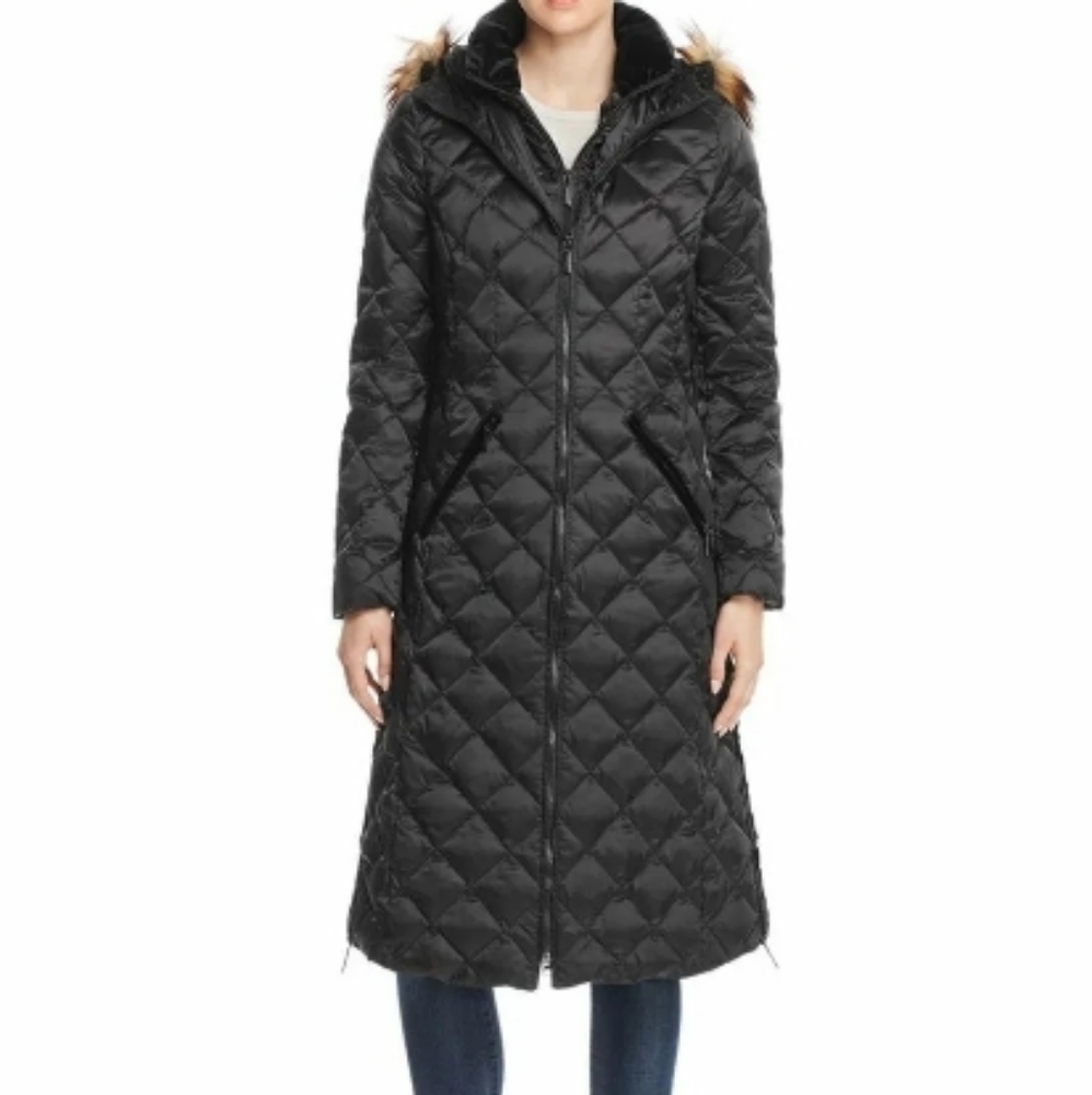 M/L Laundry by Shellie Segal black, diamond quilted, down maxi coat with hood.